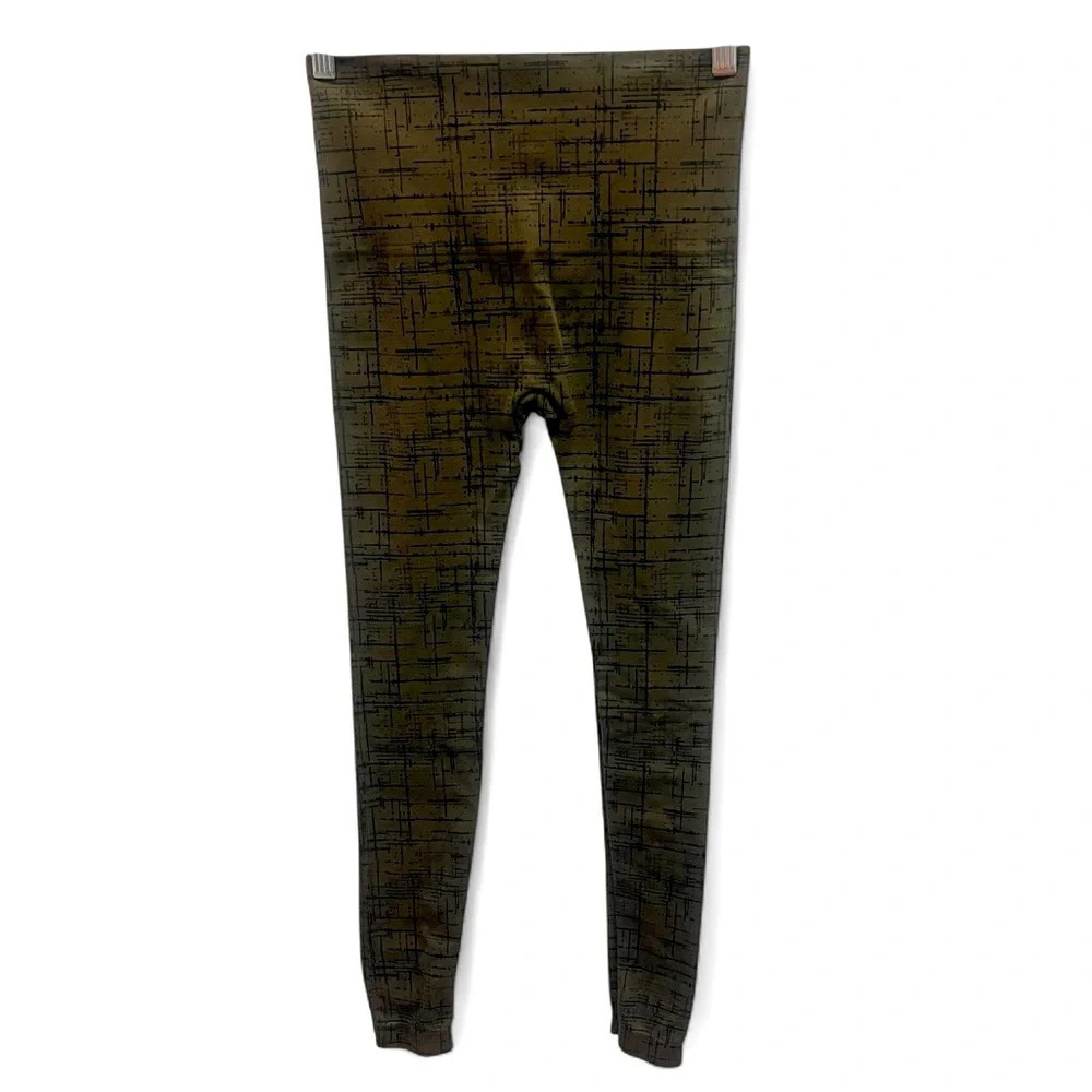 Spanx army green with black pattern full length leggings w/wide waistband size L